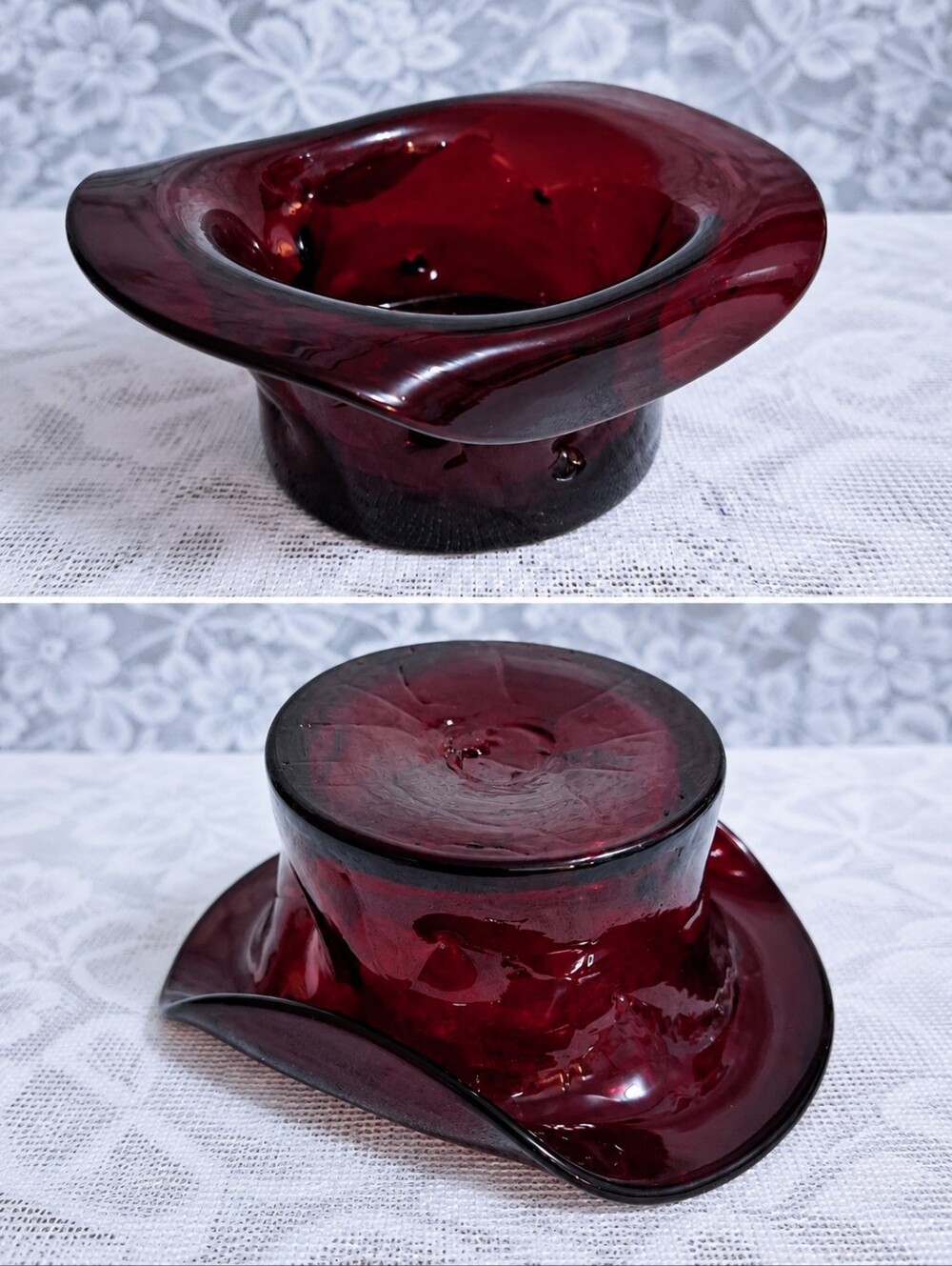 Vintage Mid-Century Crackle Glass Hat Ruby Red 8 Dimples